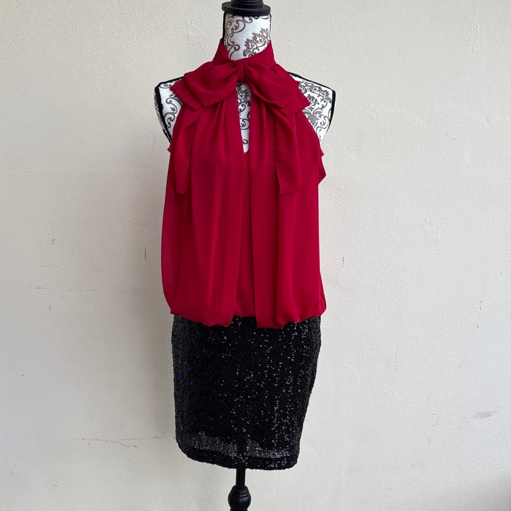Bison Bisou by Michelle Bohbot  Red Halter top w/ Black Sequin Skirt dress